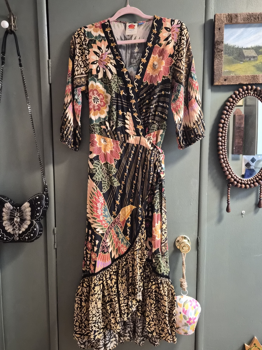 FARM Rio Black Floral & Bird Print Midi Dress